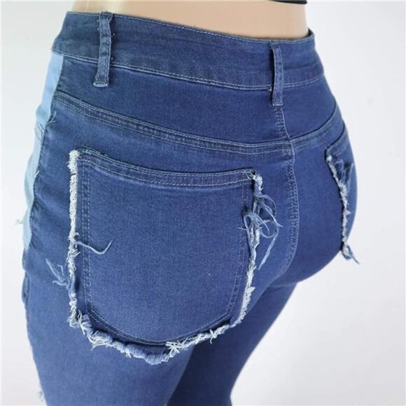 Women's Slim High Waisted Patched Hippie Wide Leg Denim Flared Bell Denim Pants - Picture 5 of 6